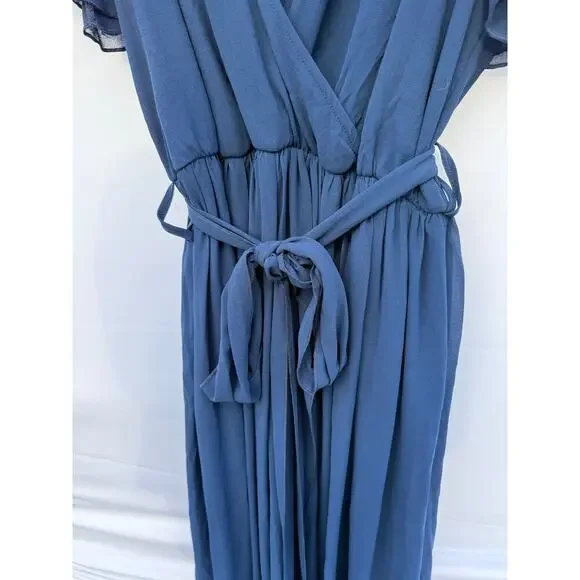 Baltic Born Navy Kristina Ruffle Short Sleeve Front Slit Belt Maxi Dress Sz  2X